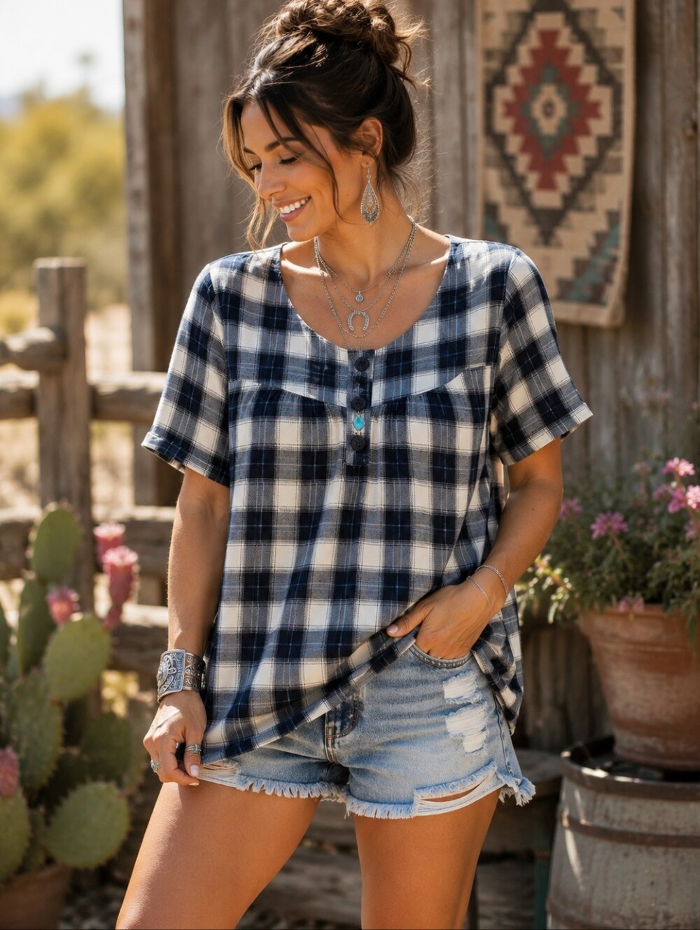 Poshmark TitlePlus Size 3XL Navy Cream Plaid Babydoll Tunic Top Western Boho